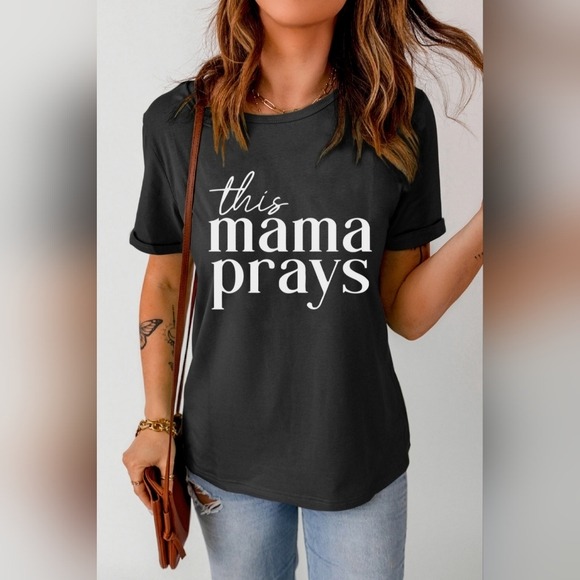 THIS MAMA PRAYS Shirt Cuffed Short Sleeve Graphic Black Top - Picture 7 of 7